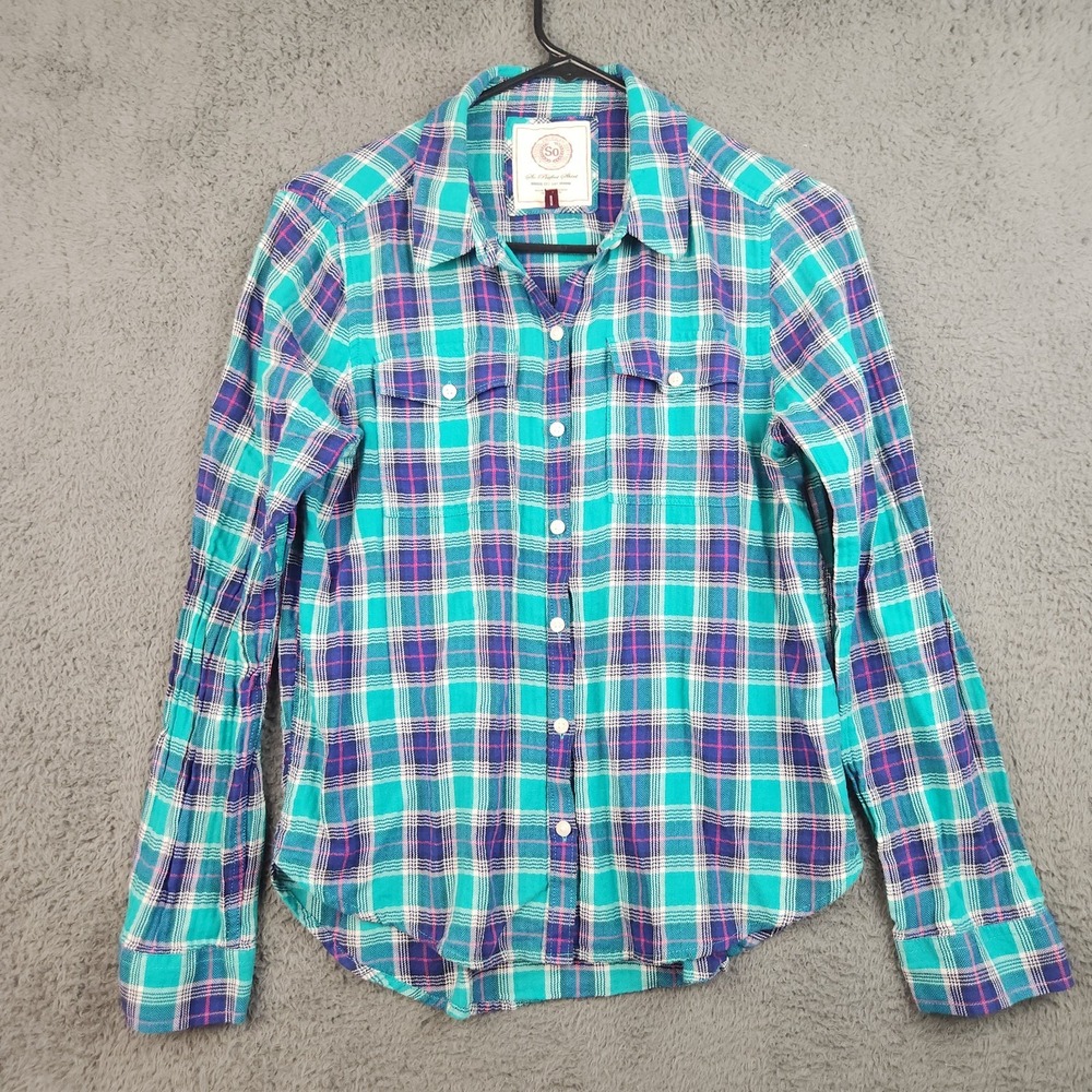Vintage Y2K Bright Plaid Flannel Button Up Shirt Long Sleeve Indie Grunge Medium